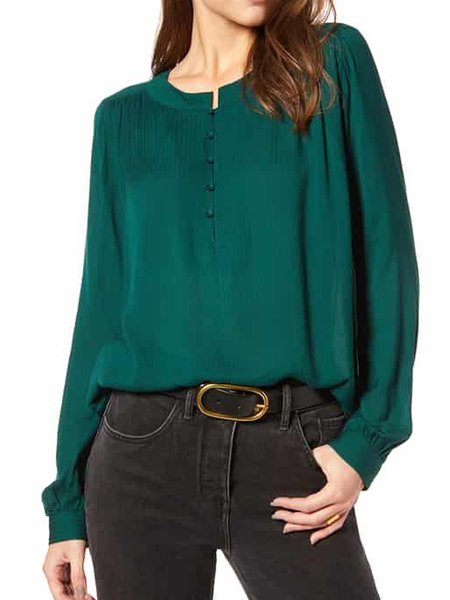 

Plain Autumn Urban No Elasticity Daily Regular H-Line Regular Regular Size Blouse for Women, Green, Blouses and Shirts
