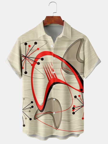 

Art Geometric Chest Pocket Short Sleeve Shirt, Khaki, Men Shirts