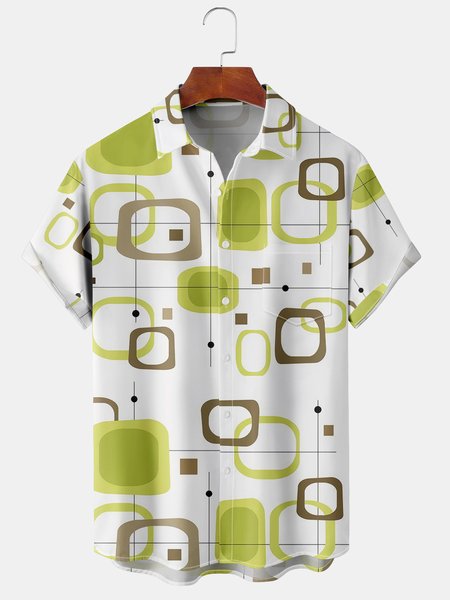 

Art Geometric Chest Pocket Short Sleeve Shirt, Green, Men Shirts