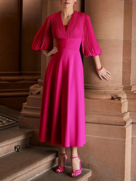 

V Neck Plain Elegant Long Sleeve Midi Dress, Rose red, Midi Dresses