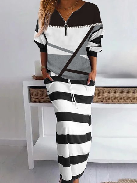 

Urban stripe color block zipper Pullover Sweater skirt two piece set plus size, Multicolor, Dresses