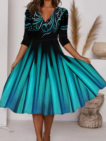 

V Neck Geometric Regular Fit Dress, Blue, Formal Dresses
