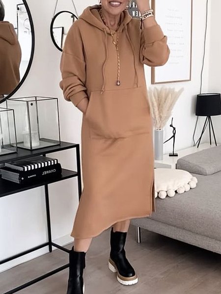 

Casual Plain Autumn Spandex Heavyweight Daily Loose Long sleeve Regular Size Dresses for Women, Deep khaki, Midi Dresses