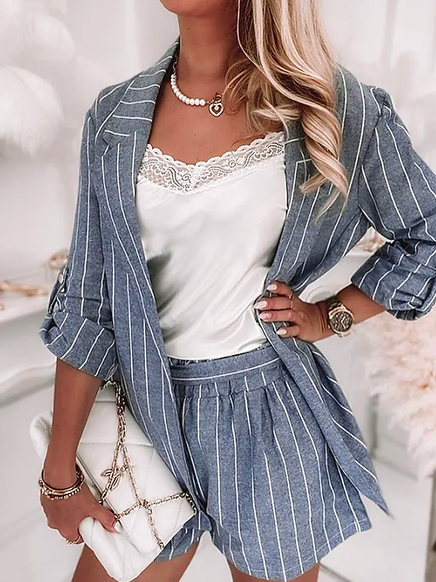 

Striped Casual Geometric Loose Two Piece Sets, Blue, Suits