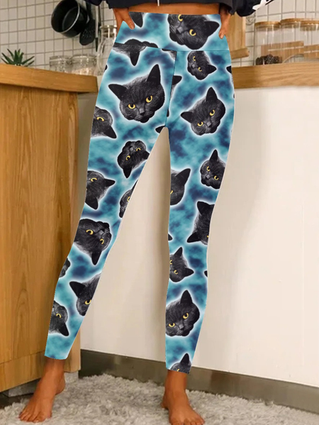 

Women Funny Black Cat Halloween Simple Leggings, Cyan, Leggings