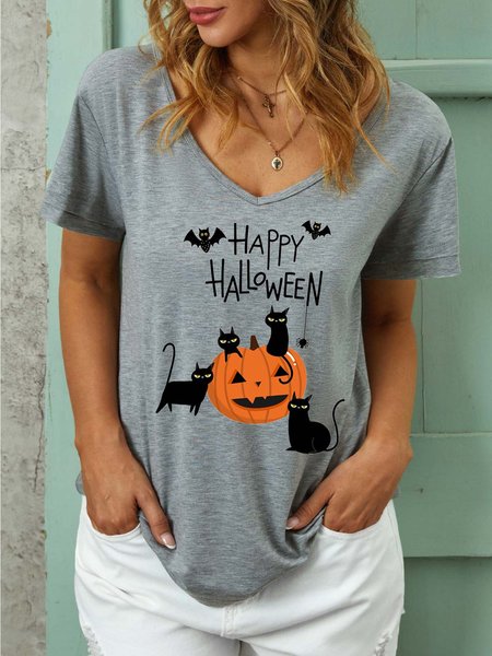 

Women Pumpkin Light Halloween Black Cat Casual T-Shirt, Gray, T-shirts