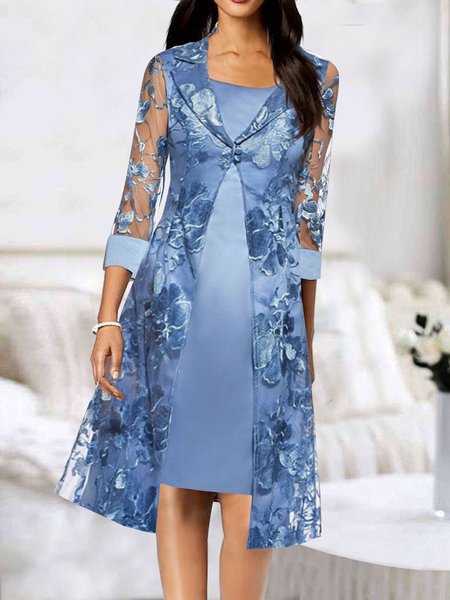 

Plain Satin stitching Floral Embroidery wedding party dress jacket two piece set, Blue, Dresses
