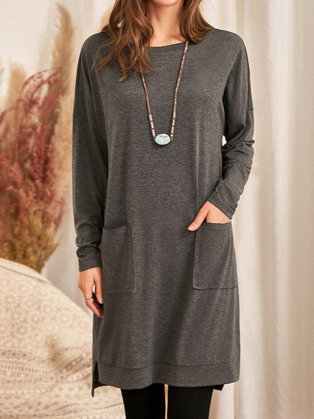 

Women Casual Plain Autumn Natural T-Shirt Dress H-Line Regular Medium Elasticity Regular Size Dresses, Deep gray, Mini Dresses