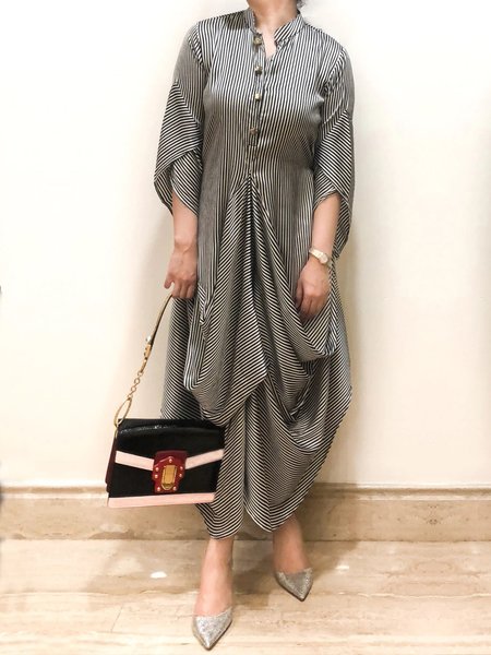 

Elegant Striped Loose Ruched Three Quarter Dress, Stripe, Midi Dresses