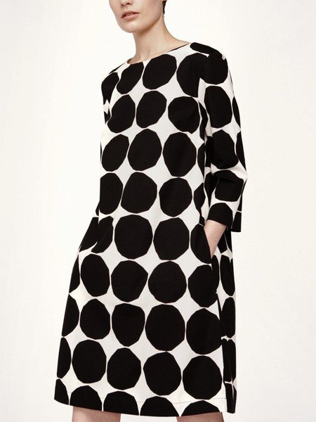 

Simple Loose Polka Dots Crew Neck Knee Dress, Black, Midi Dresses