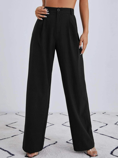 

Women Plain Autumn Urban Polyester No Elasticity Commuting Buttons A-Line Regular Size Casual Pants, Black, Pants