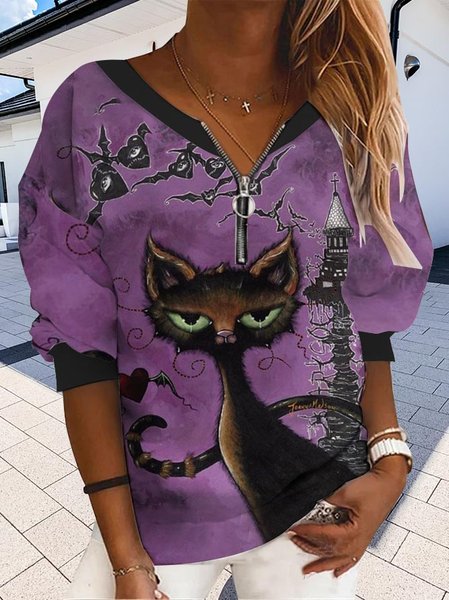 

Halloween Funny Cat Long Sleeve Pullover Sweatshirt, Purple, Sweatshirts & Hoodies