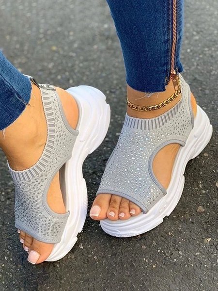 

Comfortable Soft Sole Lightweight Rhinestone Flyknit Sports Sandals, Gray, Sandals