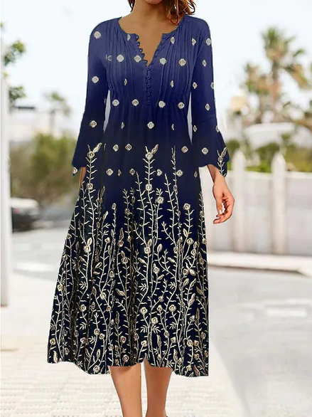 

Casual V Neck Ethnic Floral Regular Fit Dresses, Purplish blue, Dresses