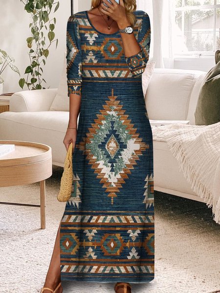 

Women Geometric Casual Autumn Natural Micro-Elasticity Long Pullover Long sleeve Crew Neck Dresses, Multicolor, Dresses