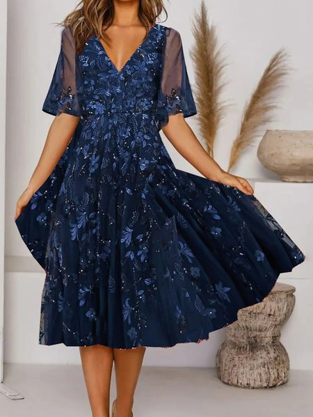 

Plain Autumn Urban Polyester V neck Natural Wedding Three Quarter X-Line Dresses for Women, Blue, Dresses