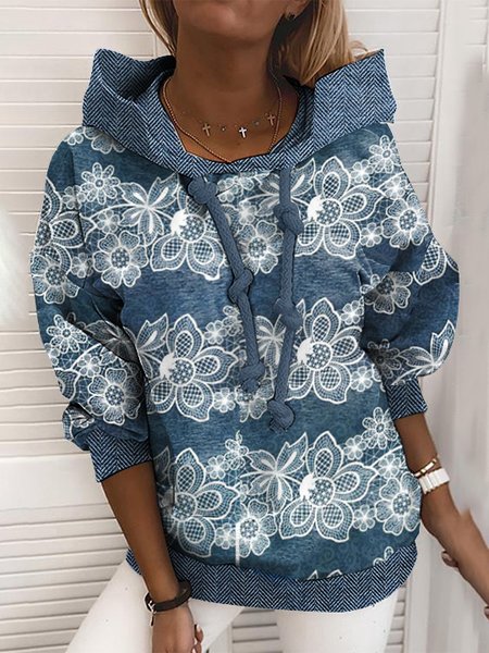 

Casual Floral Winter Micro-Elasticity Loose Regular H-Line Regular Regular Size Sweatshirts for Women, Blue, Hoodies & Sweatshirts