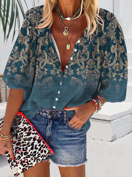 

Casual Ethnic Autumn Buttoned Micro-Elasticity Loose Three Quarter H-Line Regular Size Blouse for Women, Navyblue, Shirts & Blouses