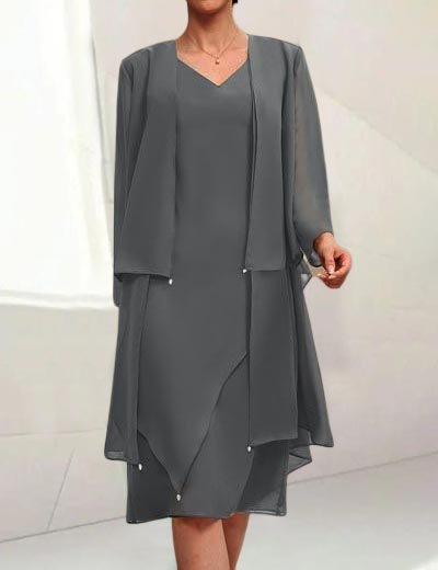 Elegant Plain Layered Hem Dress & Cardigan Two-Piece Set, Gray, Dresses