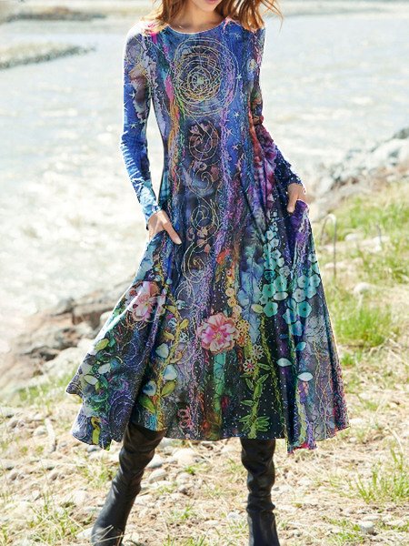 

Floral Crew Neck Loose Dress, Purple, Dresses