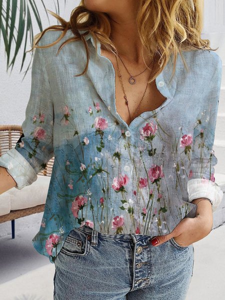 

Gradient floral button loose shirt plus size, Blue, Shirts & Blouses