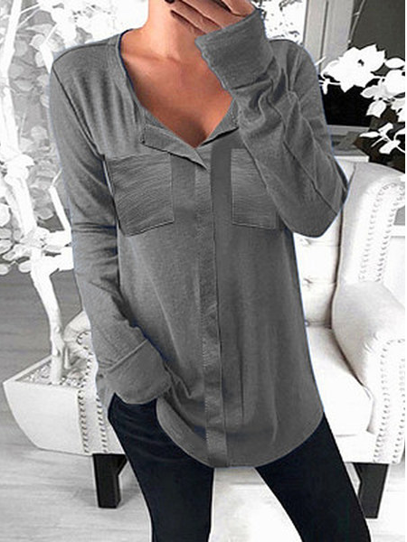 

Women Casual Plain Autumn Spandex V neck Micro-Elasticity H-Line Regular Regular Size T-shirt, Gray, T-Shirts