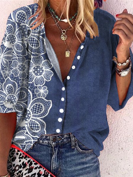 

V Neck Geometric Regular Fit Blouse, Blue, Shirts & Blouses