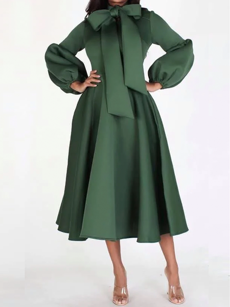 

Plain Autumn Elegant Stand Collar No Elasticity Regular Fit Long sleeve X-Line Regular Size Dresses for Women, Green, Maxi Dresses