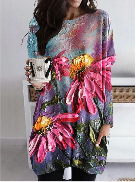 

Cotton-Blend Floral Loose Dress, Multicolor, Dresses