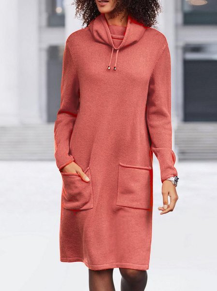 

Women Casual Plain Autumn Natural Micro-Elasticity Midi Long sleeve Half Turtleneck Regular Size Dresses, Pink, Dresses