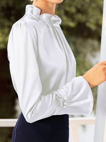 

Plain Autumn Elegant Polyester Daily Lotus Leaf Collar Regular Fit Regular Regular Size Tops for Women, White, Blouses and Shirts