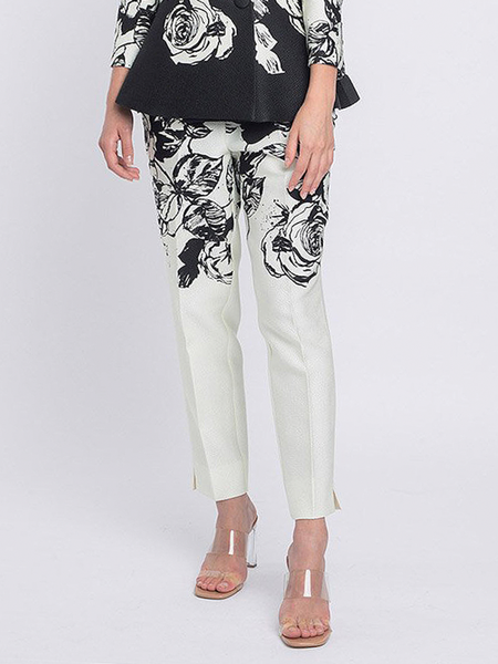 

Floral Autumn Urban Polyester No Elasticity Commuting Slim Taper Pants Long Regular Size Fashion Pants for Women, White, Pants