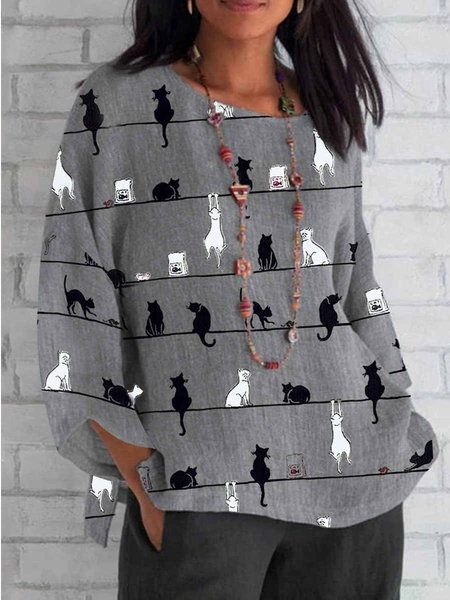 

Casual Autumn Cat Polyester Holiday Loose Three Quarter Crew Neck Regular Size Top for Women, Gray, Tunics