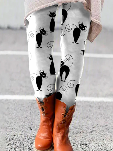 

Casual Autumn Cat Polyester High Waist Daily Legging H-Line Regular Size Leggings for Women, Multicolor, Leggings
