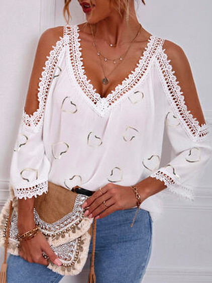 

Autumn Vacation Heart/Cordate Polyester Daily Loose Half sleeve H-Line Regular Size Tops for Women, White, Shirts & Blouses