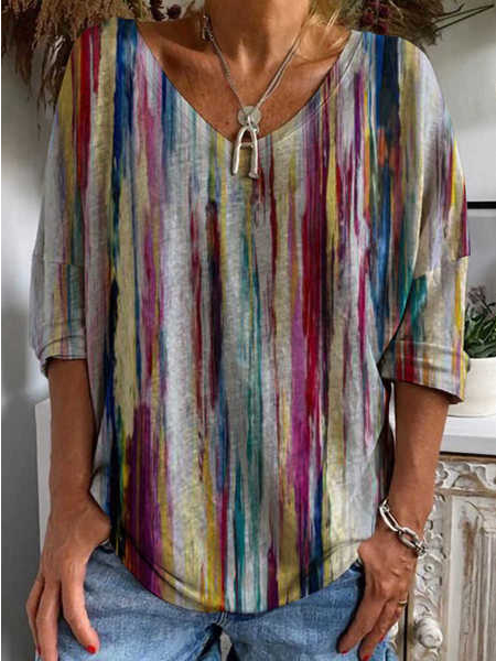 

JFN V Neck Casual Ombre Autumn Daily Loose T-shirt, Multicolor, T-Shirts