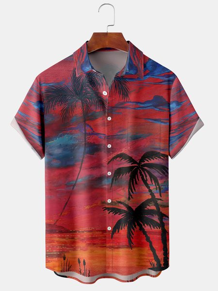

Men's Artistic Coconut Tree Print Casual Breathable Short Sleeve Shirt, Red, Short Sleeve Shirts