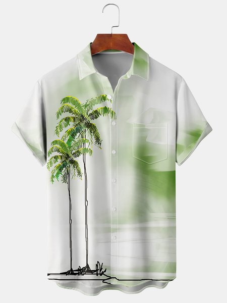 

Men's Artistic Coconut Tree Print Casual Breathable Short Sleeve Shirt, Green, Short Sleeve Shirts