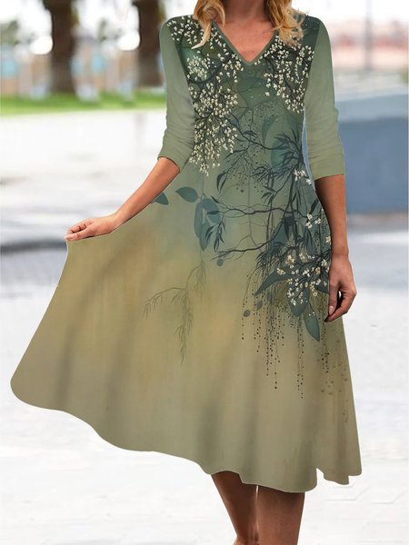 

Floral Loose V Neck Casual Dress, Green, Dresses
