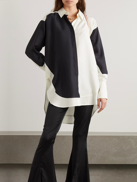 

Color Block Simple Autumn Polyester No Elasticity Long sleeve Regular Shirt Collar Regular Size Blouse for Women, White, Blouses and Shirts