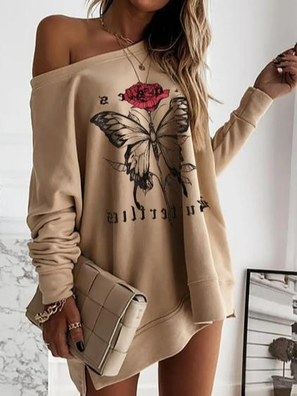 

Casual Text Letters Autumn Micro-Elasticity Daily Skirt Long sleeve Cotton-Blend Regular Dresses for Women, Khaki, Dresses