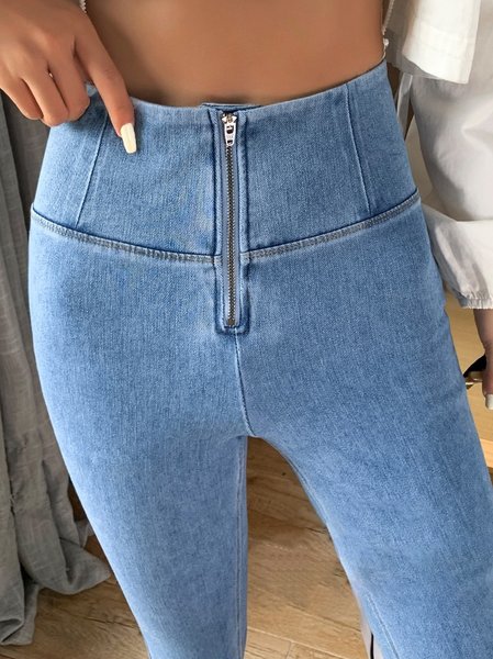 

Zipper Tight Plain Denim Casual Pants, Denim blue, Jeans