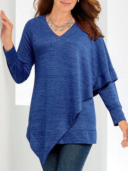 

Plain Simple Autumn Polyester V neck Long sleeve Mid-long H-Line Medium Elasticity Tops for Women, Blue, Tunics