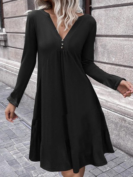 

Casual Plain V-neck Button-embellished Long-sleeve Dress, Black, Dresses