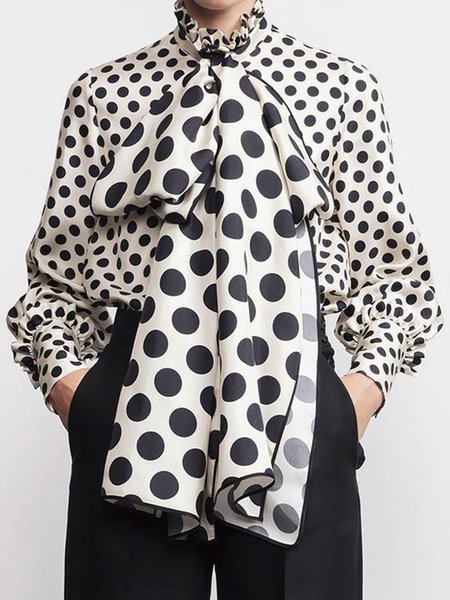 

Women Polka Dots Autumn Elegant Satin Natural Lotus Leaf Collar Pullover Long sleeve Regular Blouse, Apricot, Blouses and Shirts