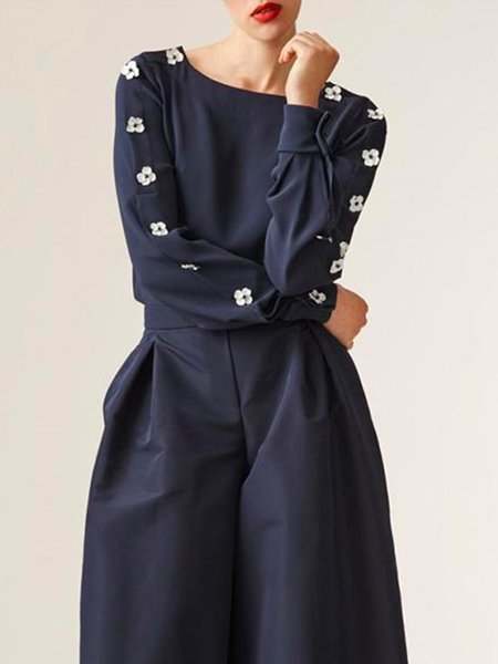 

Daily Long sleeve Boat Neck Plain Regular Fit Blouse, Deep blue, Blouses and Shirts