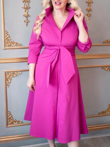 

Plain Autumn Elegant No Elasticity Regular Fit Midi Cotton-Blend X-Line Regular Dresses for Women, Rose red, Midi Dresses