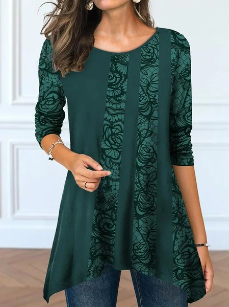 

Crew Neck Floral Casual T-Shirt, Green, Tunics