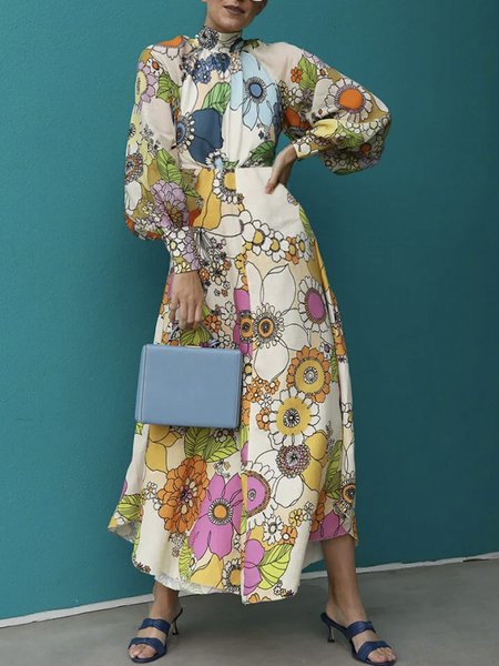 

Floral Autumn Elegant Daily Long Mid Waist Long sleeve X-Line Regular Dresses for Women, Flower, Maxi Dresses
