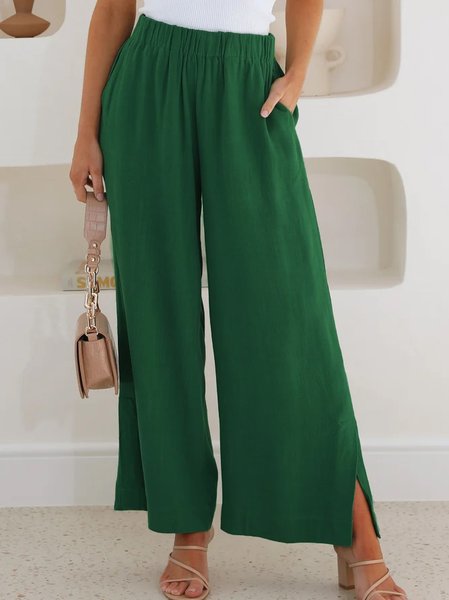 

Casual Plain Cotton And Linen Elastic Belt Wide Leg Pants, Green, Pants